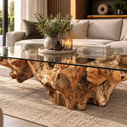 Large teak root coffee table with rectangular clear glass top and natural sculptural root wood base