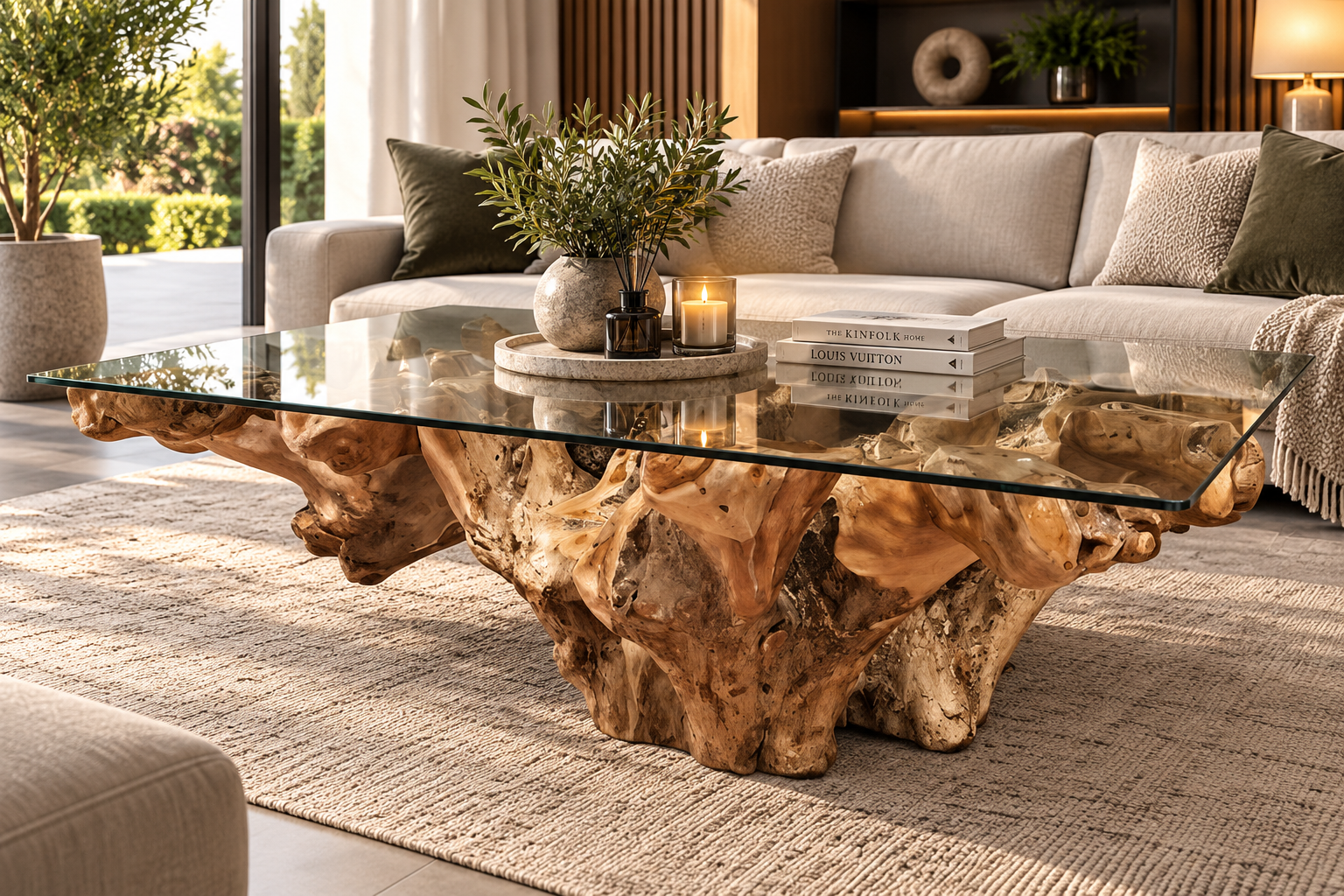 Large teak root coffee table with rectangular clear glass top and natural sculptural root wood base