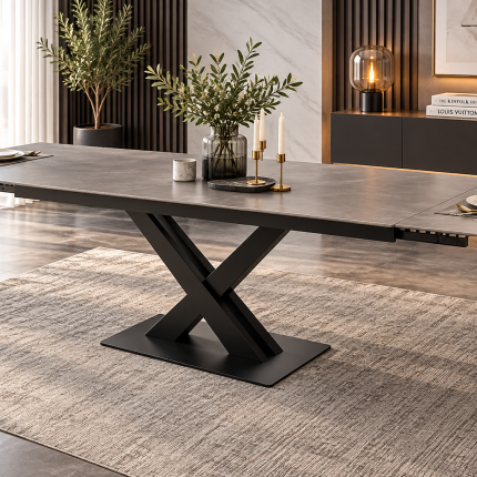 Grey ceramic extending dining table with black X-frame pedestal base and extension leaves open