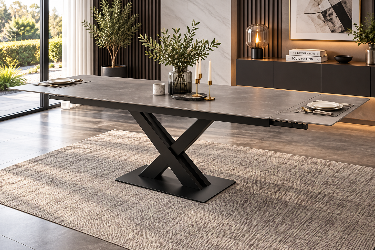 Grey ceramic extending dining table with black X-frame pedestal base and extension leaves open