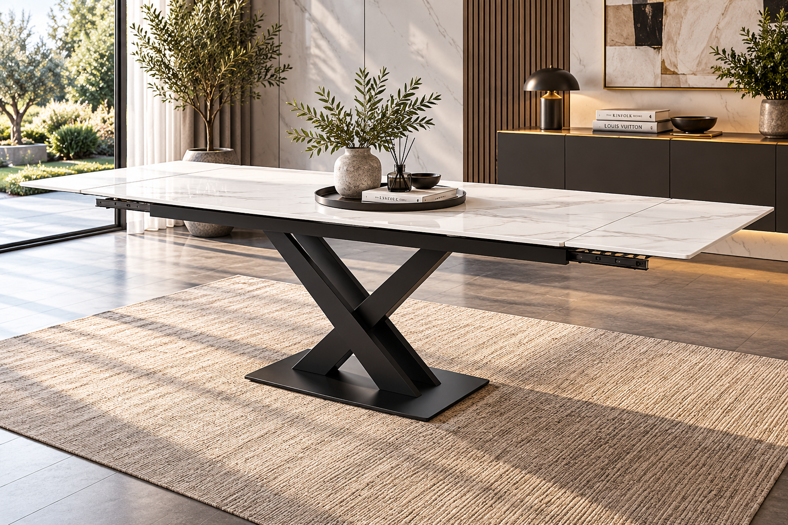 White marble-effect ceramic extending dining table with black X-frame pedestal base shown fully extended