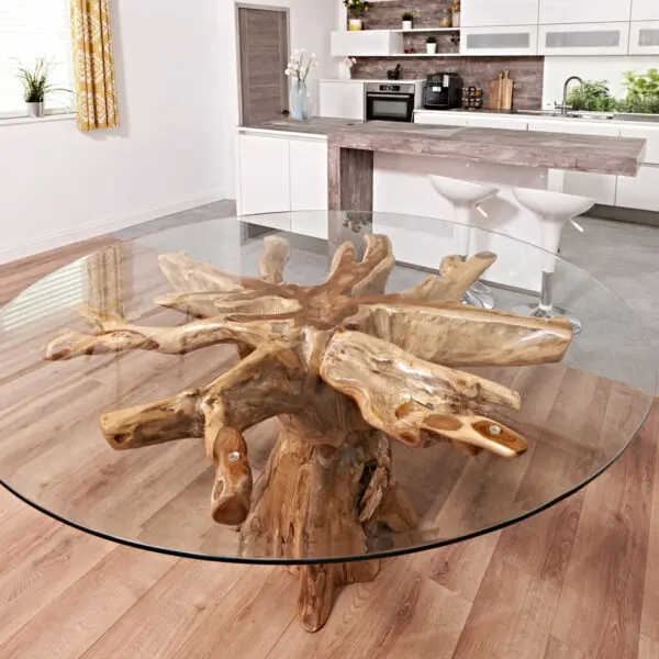 Teak root round table with 180cm round glass