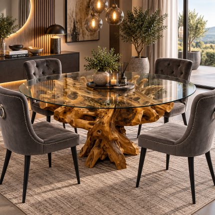 Round teak root dining table with clear glass top, sculptural natural root base and grey upholstered dining chairs
