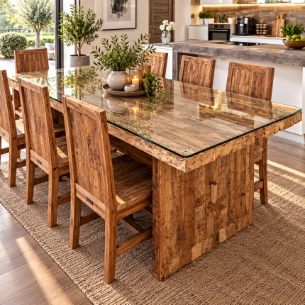 Large rustic reclaimed wood dining table with clear glass top and eight matching high-back wooden dining chairs