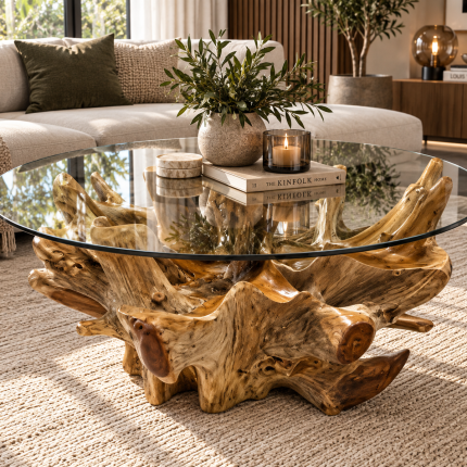 Round teak root coffee table with clear glass top and natural sculptural root wood base