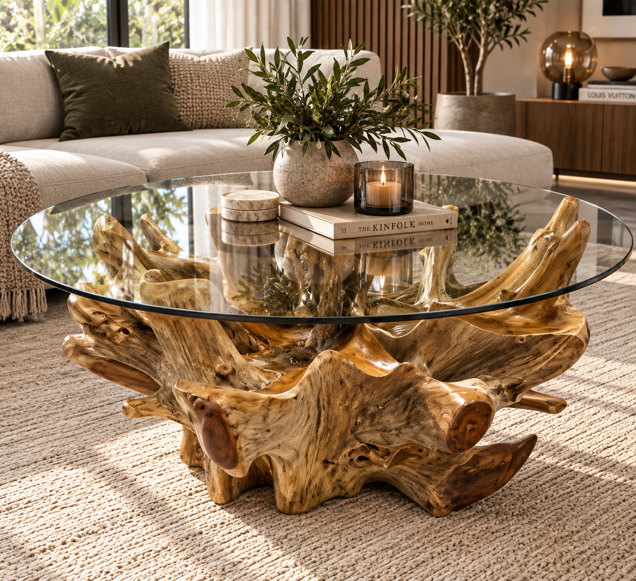 Round teak root coffee table with clear glass top and natural sculptural root wood base