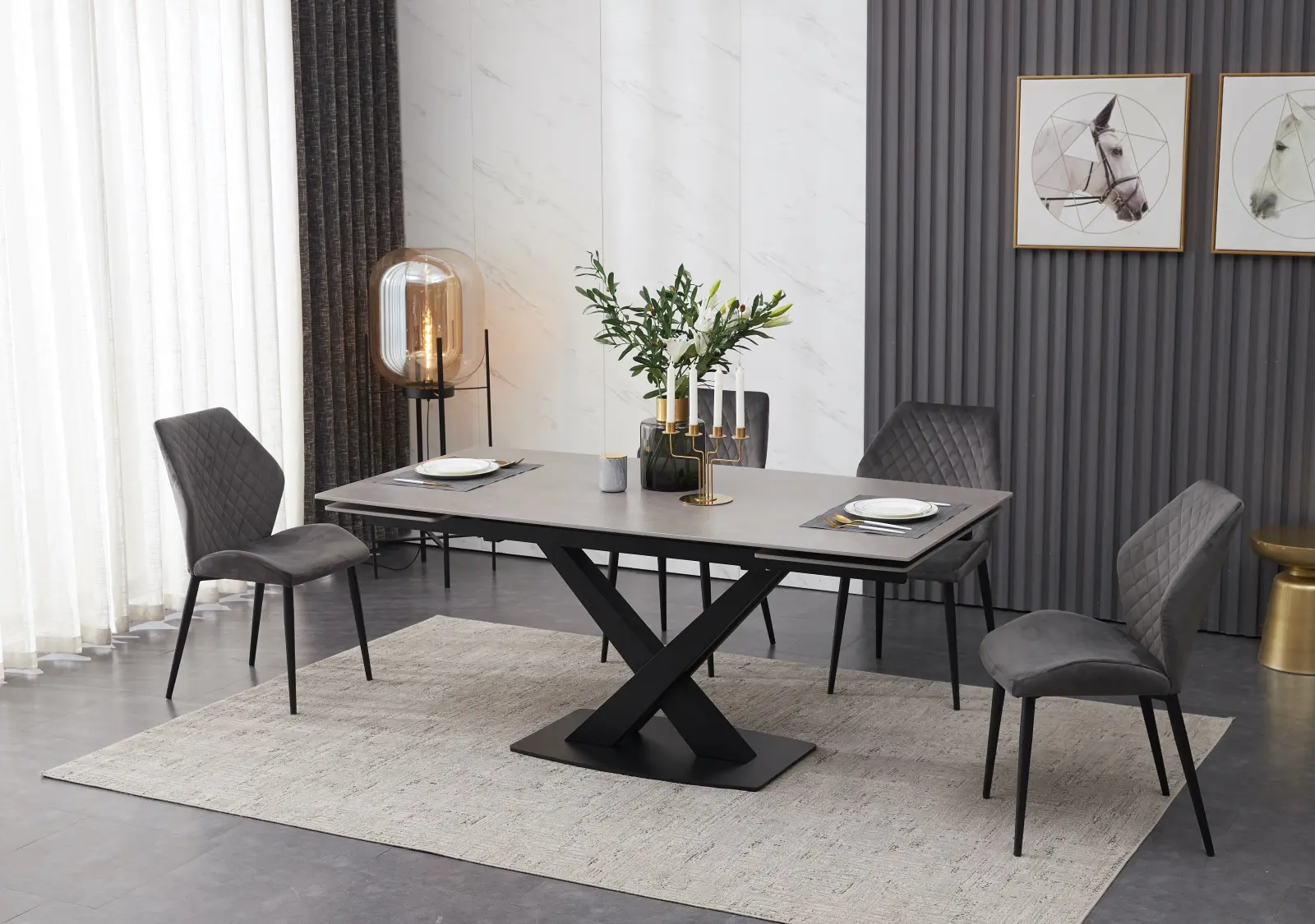 Ceramic Grey Table with 6 Modern Grey Velvet Dining Chairs Chelsea Home and Leisure Ltd