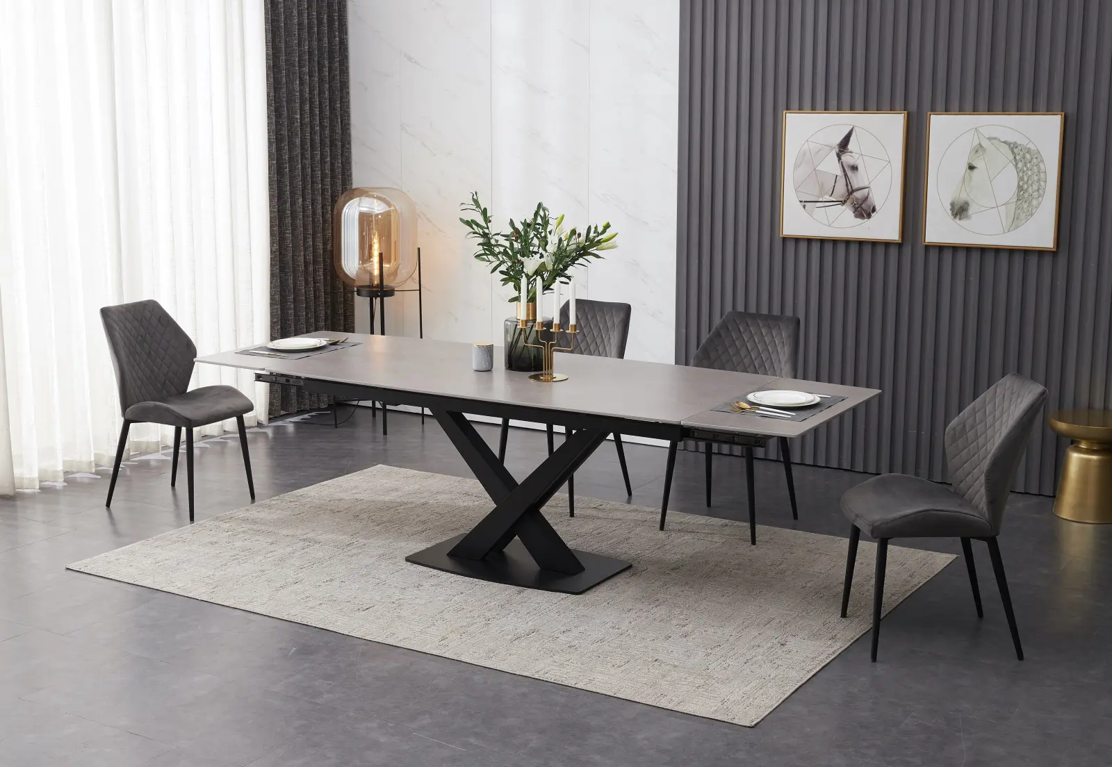 Ceramic Grey Table with 6 Modern Grey Velvet Dining Chairs - Chelsea