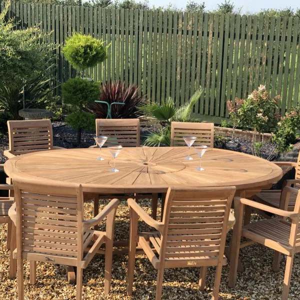 teak Garden Furniture premium oval table with 8 teak stacking chairs