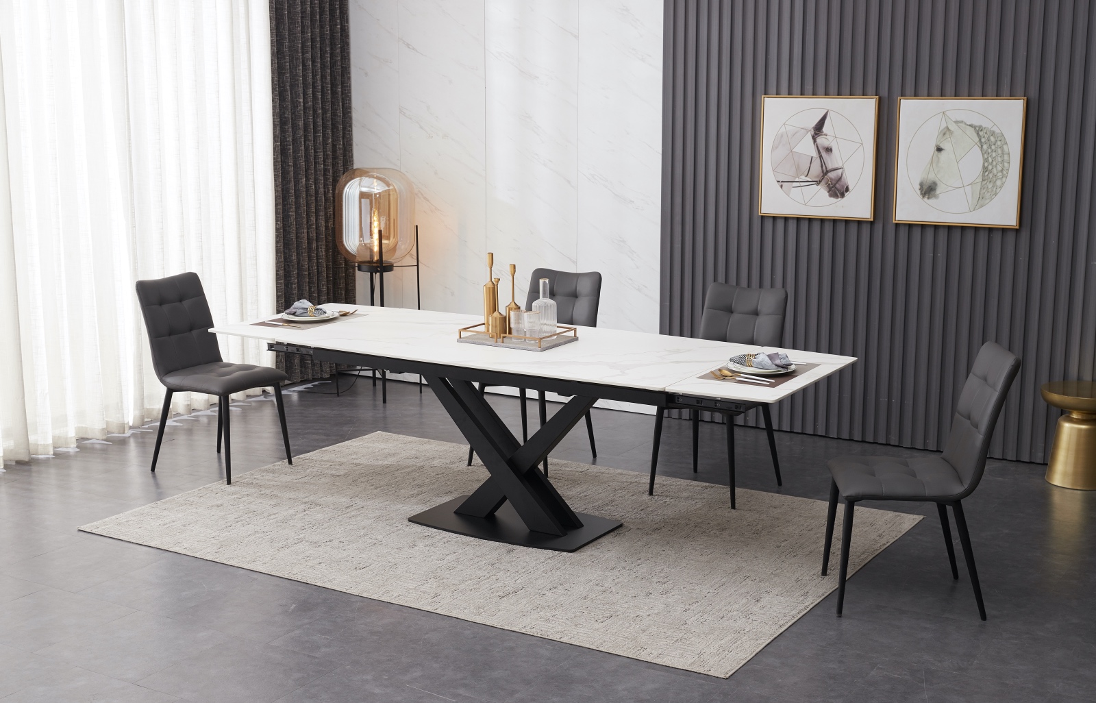 Ceramic White Extending Dining Table, Grey Dining Room Table With Leather Chairs