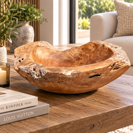 Large natural teak root decorative bowl with organic shape, rustic edges and distinctive wood grain