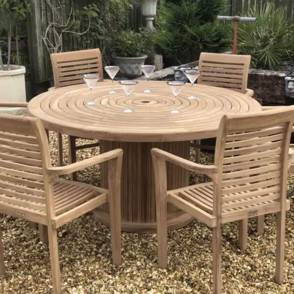 Teak Round table 150cm with 6 teak stacking chairs