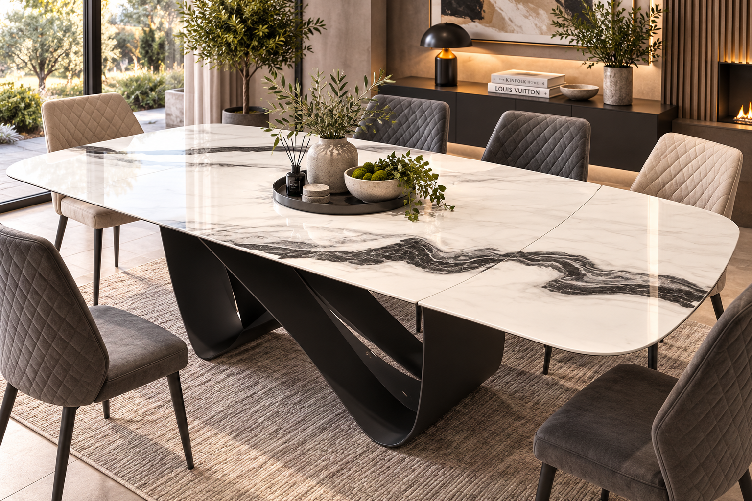 White marble effect extending ceramic dining table with dramatic black veining, rounded corners and black sculptural pedestal base