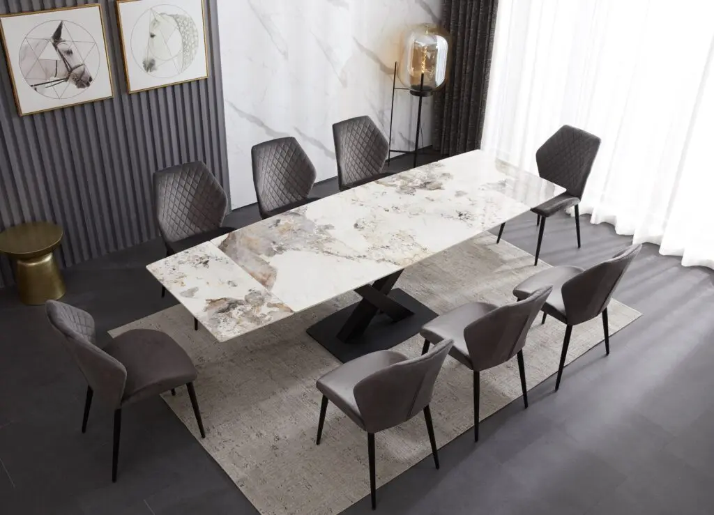 Ceramic Dining Table – White & Copper with 8 Velvet Chairs - Tables and chairs for small spaces
