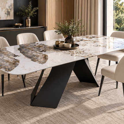 Cagliari ceramic dining table with white and grey marble-effect top, dark sculptural pedestal base and cream dining chairs