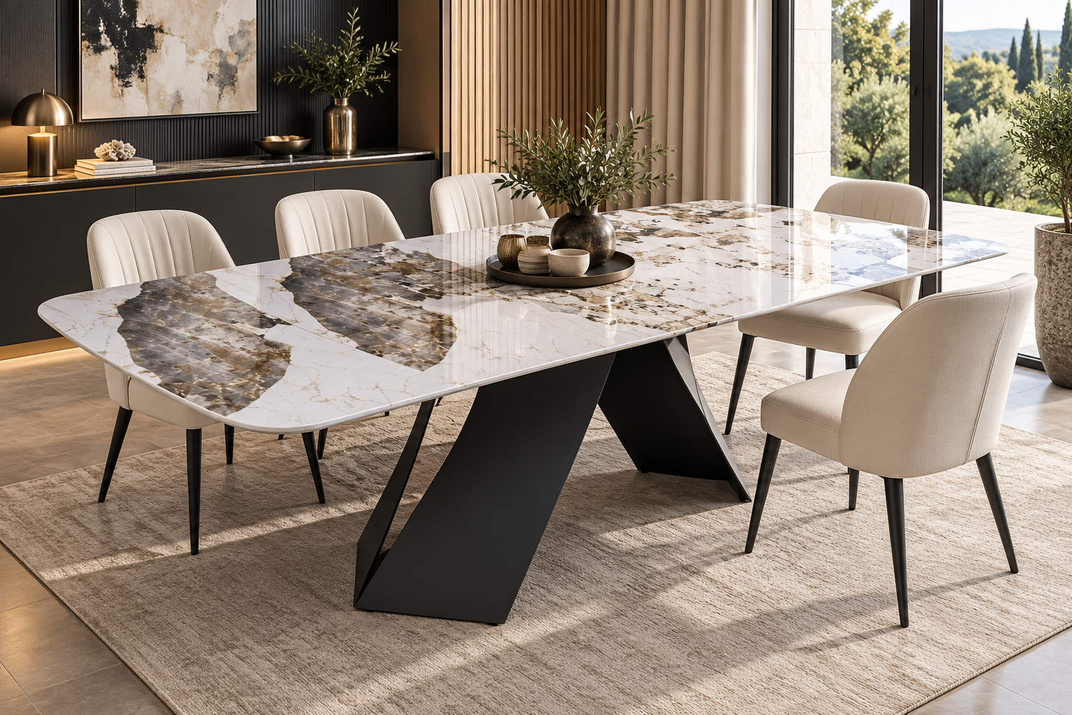 Cagliari ceramic dining table with white and grey marble-effect top, dark sculptural pedestal base and cream dining chairs