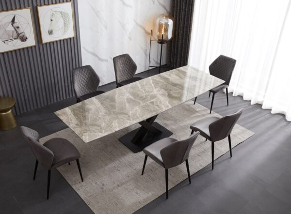 Ceramic Extending Table – Grey & White Gloss with 6 velvet chairs