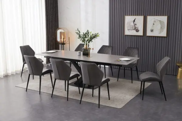 Extending Grey Ceramic Dining Table With 8 Grey Velvet Chairs