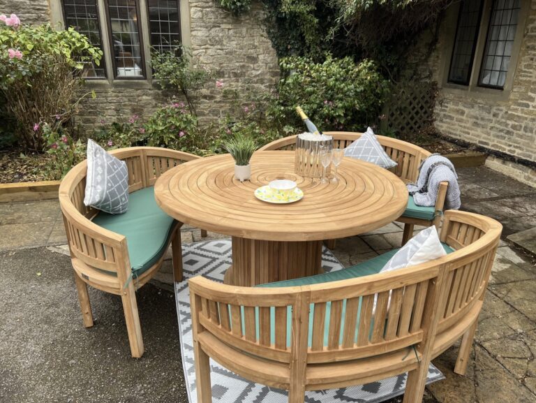 Teak Garden Furniture Round Table 150cm with 3 Bowood Benches Chelsea