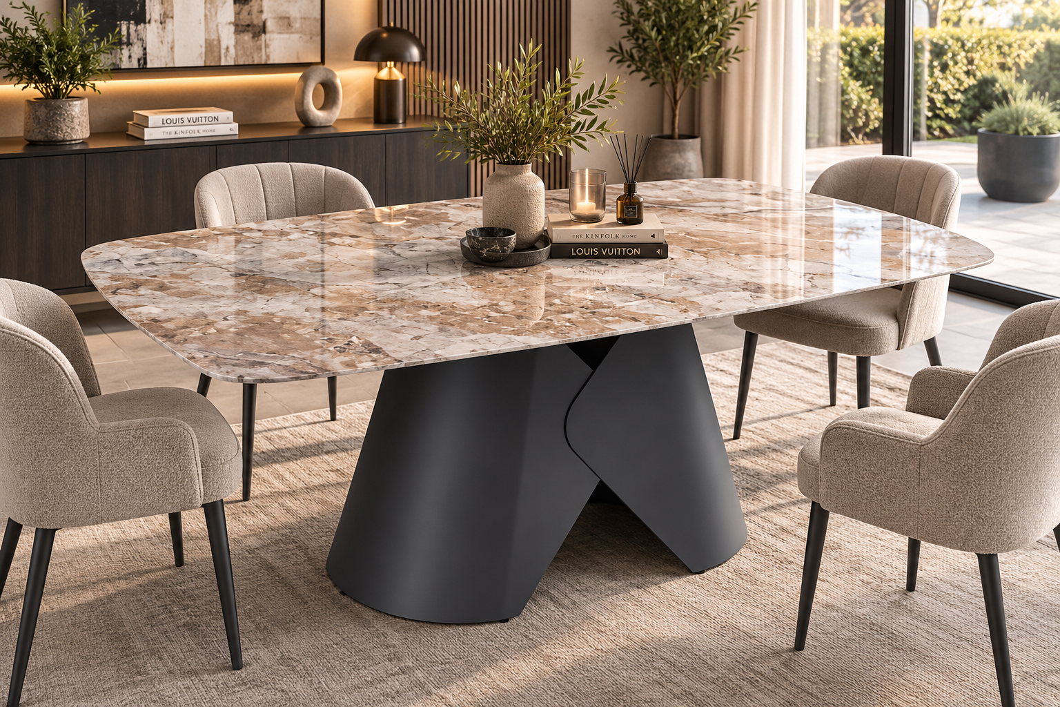 Large beige and cream marble effect ceramic dining table with rounded corners and black sculptural pedestal base