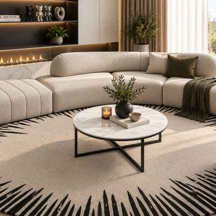 Round white marble effect ceramic coffee table with subtle grey veining and black geometric metal base