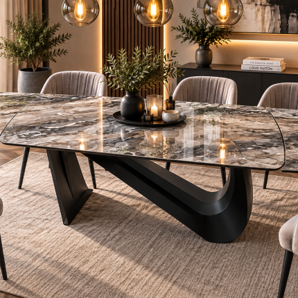 Large grey marble effect extending ceramic dining table with rounded ends and black sculptural pedestal base