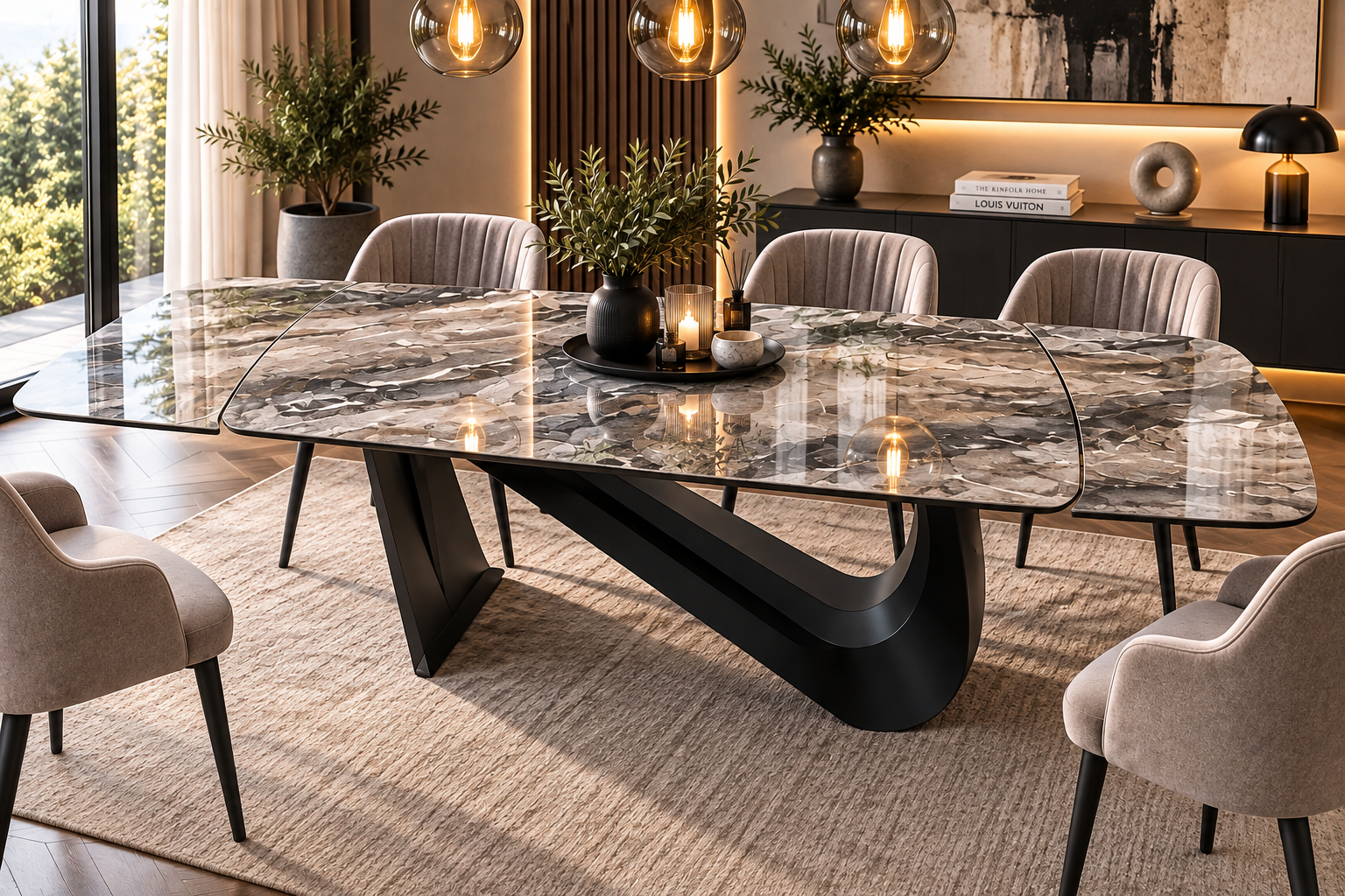 Large grey marble effect extending ceramic dining table with rounded ends and black sculptural pedestal base