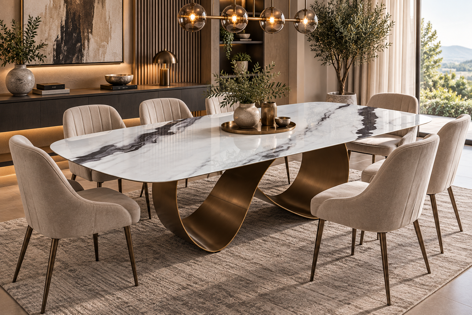 Large white marble effect dining table with grey veining, bronze sculptural pedestal base and cream upholstered chairs