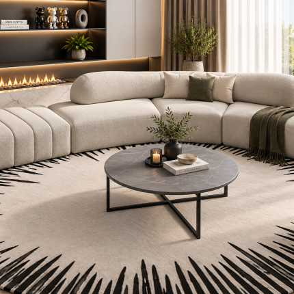 Round grey marble effect coffee table with slim black metal geometric base in a contemporary living room