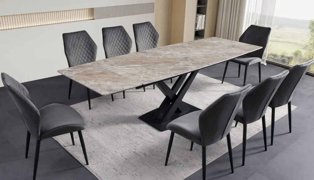 ceramic dining table grey brown with grey chairs - Guide to Ceramic Dining Tables
