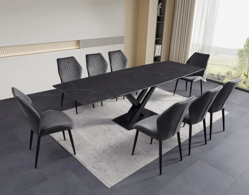 ceramic dining table charcoal grey with grey chairs