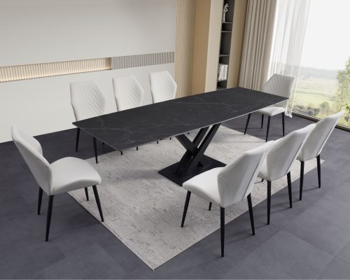 ceramic dining table charcoal grey with cream chairs