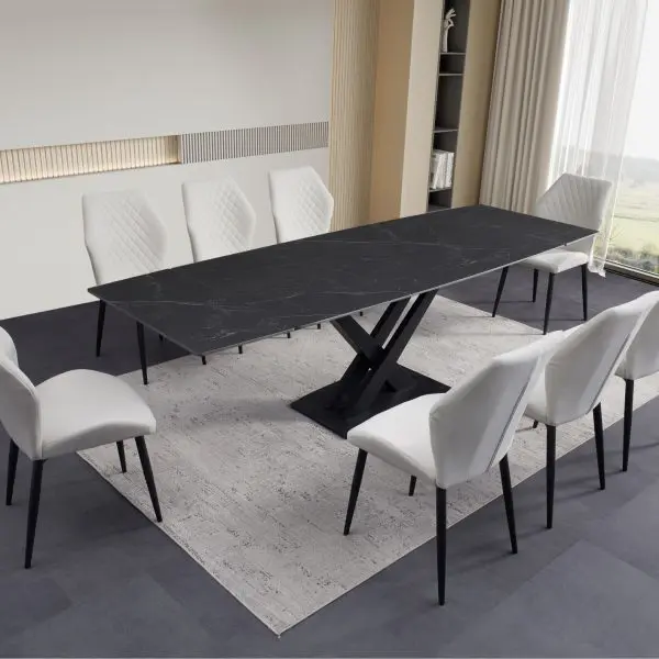 ceramic dining table charcoal grey with cream chairs