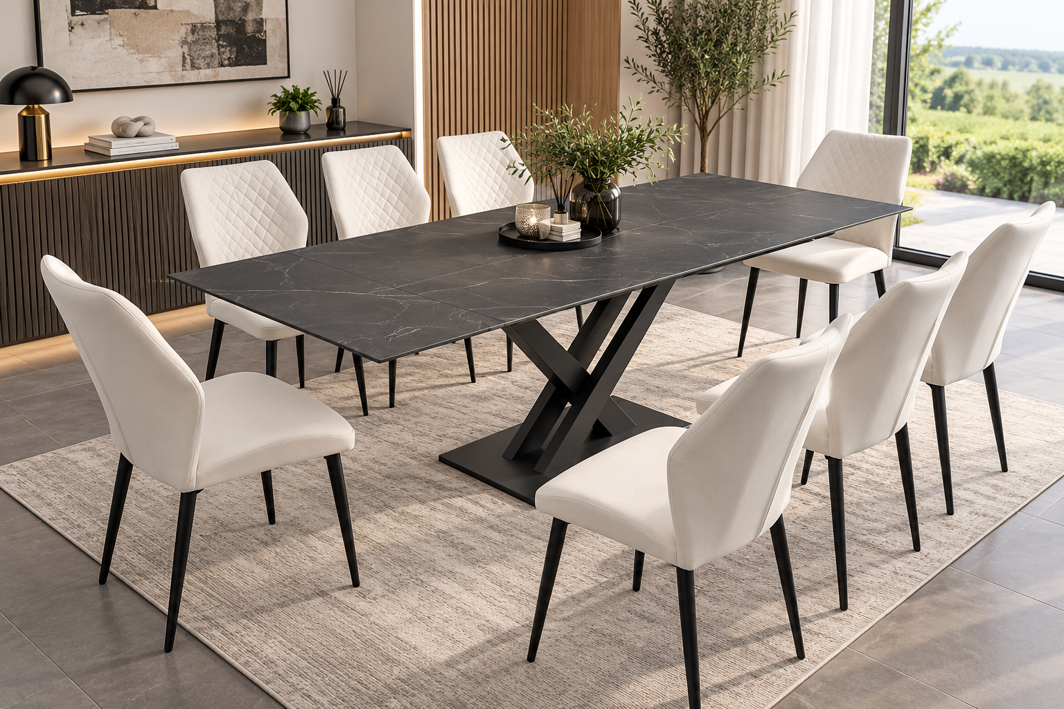 Charcoal grey extending dining table with black X-frame pedestal base and eight cream upholstered dining chairs