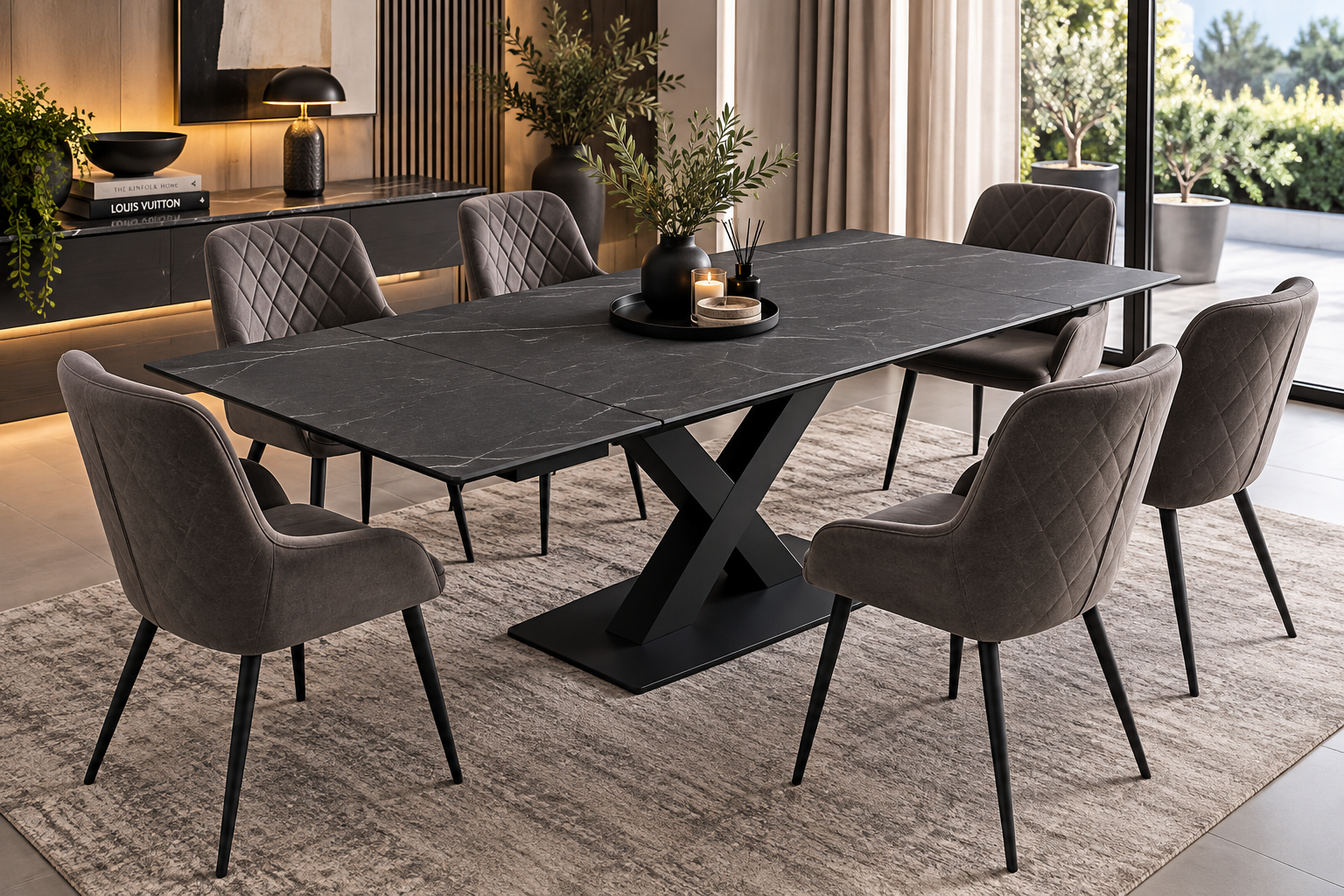 Charcoal grey extending dining table with subtle marble effect, black X-frame pedestal base and eight grey upholstered dining chairs