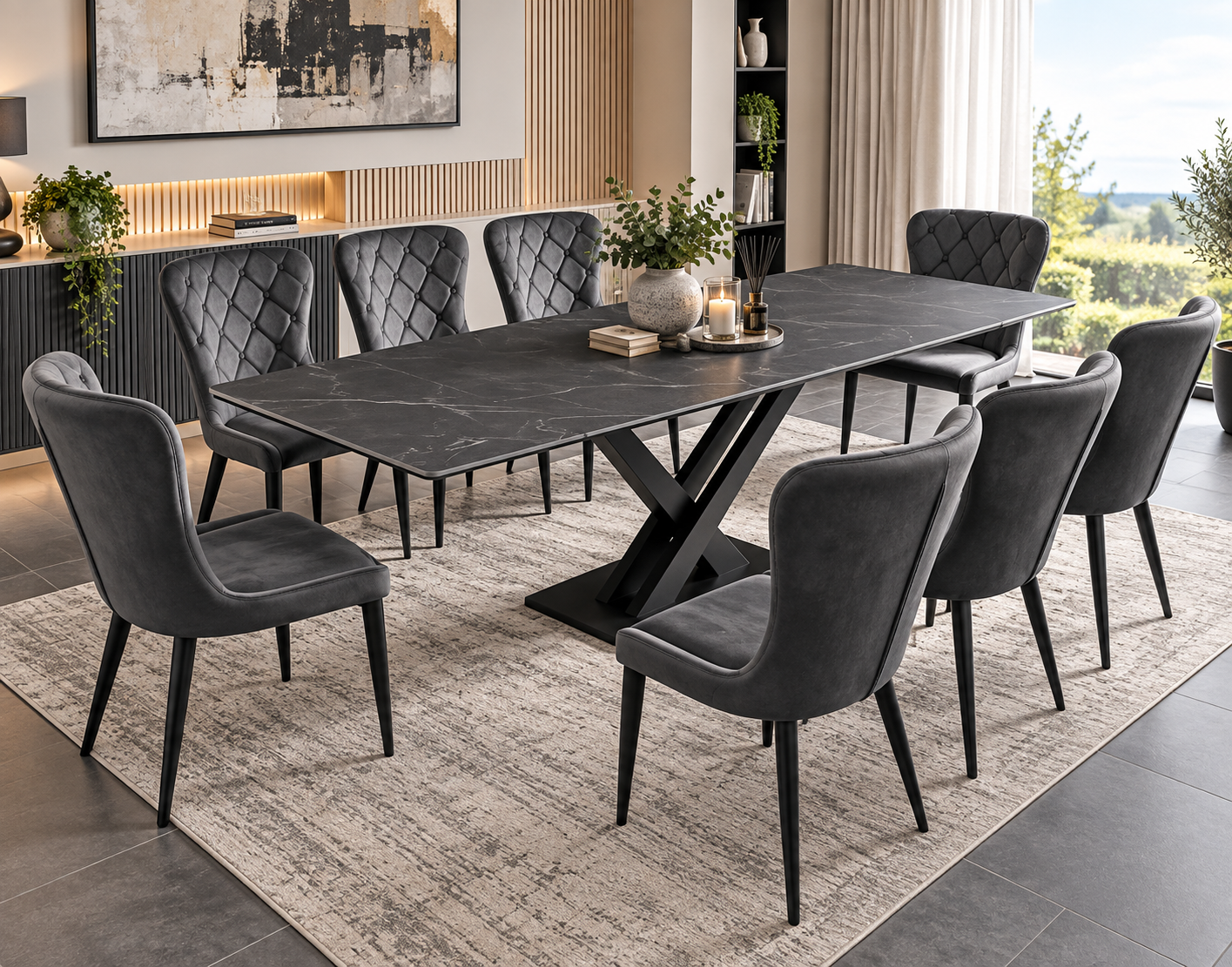 Charcoal grey extending dining table with black X-frame pedestal base and eight dark grey upholstered chairs