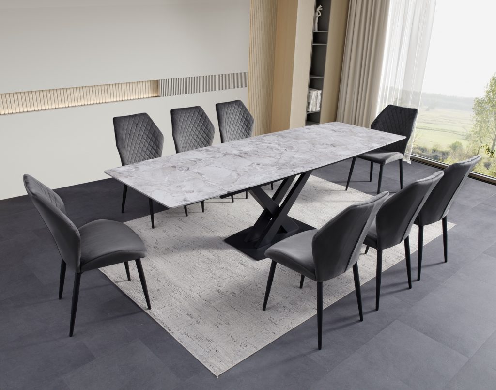 ceramic dining table light grey with grey chairs