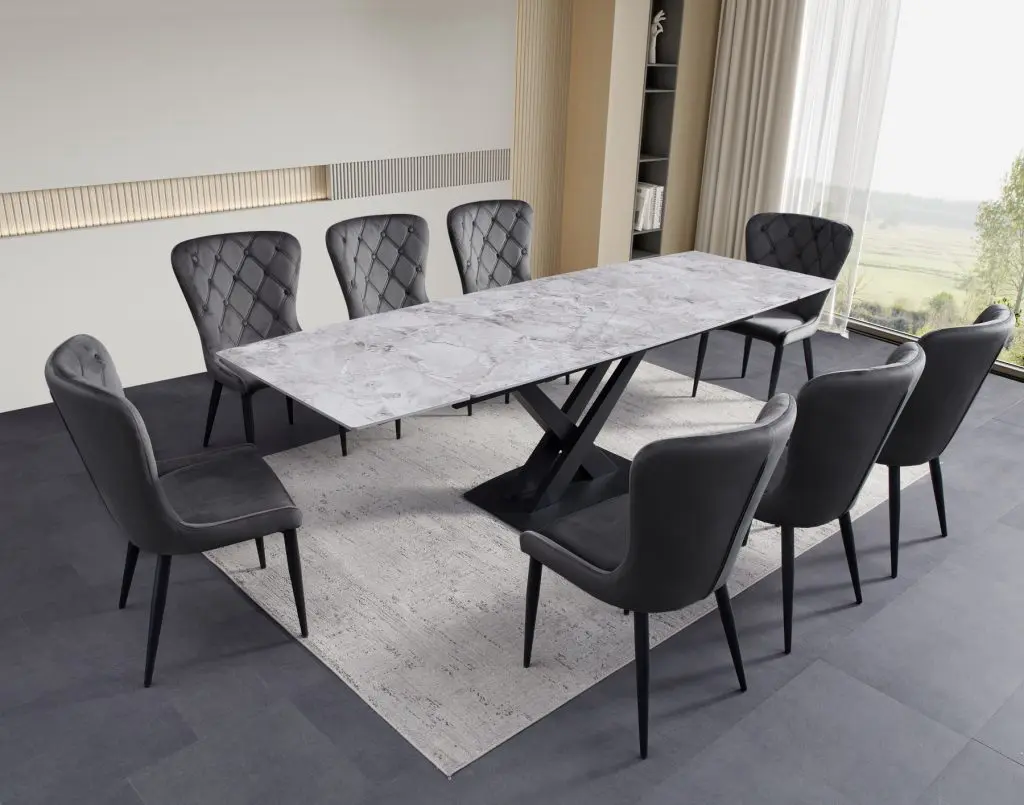 ceramic dining table light grey with Premium grey chairs