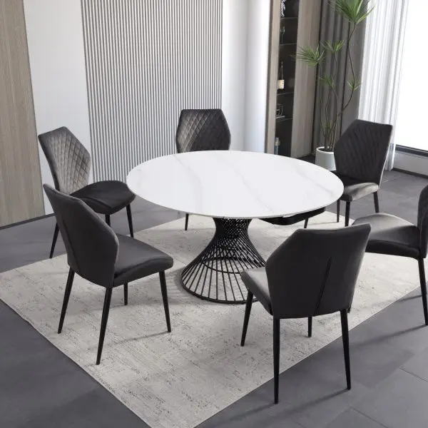 Ceramic table round white with grey chairs