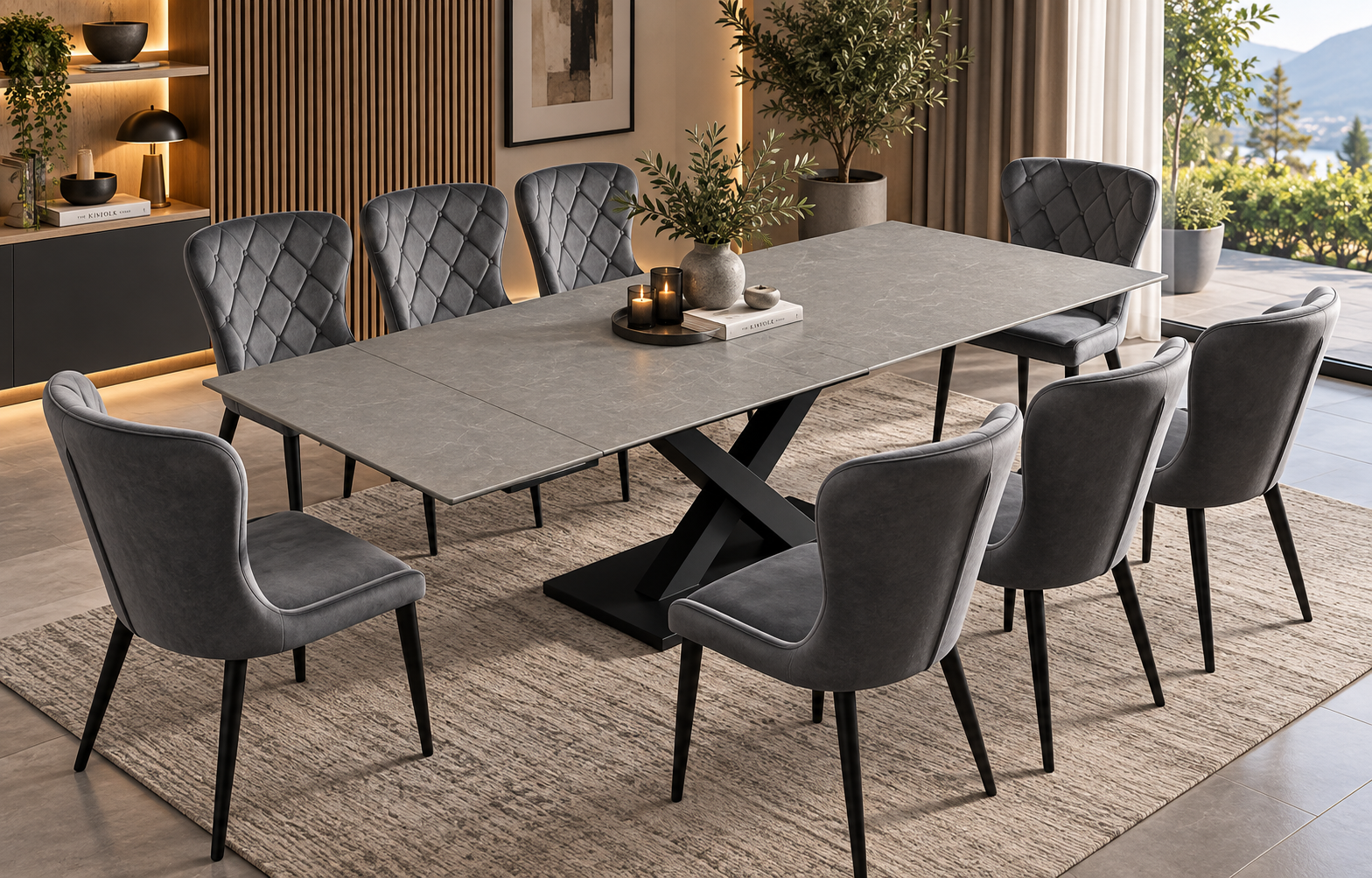 Large grey extending dining table with black X-frame pedestal base and eight grey button-back upholstered dining chairs