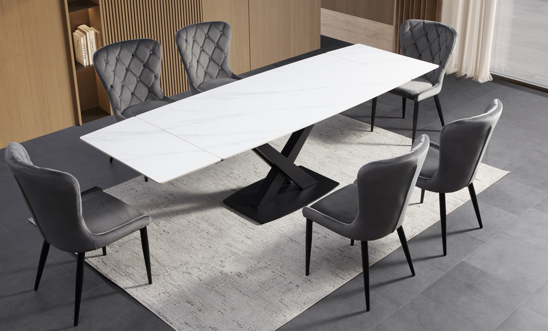 White calacatta Ceramic Extending Dining Table with Premium Grey Chairs ...