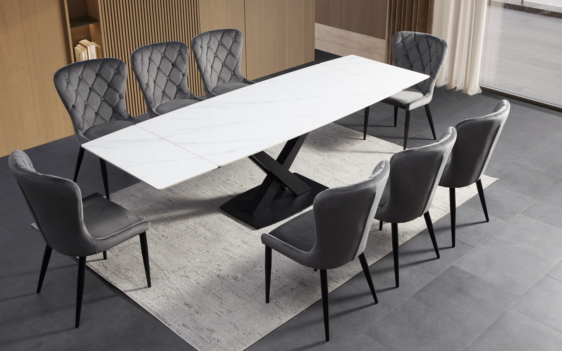 White Ceramic Extending Dining Table with Premium Grey Chairs Chelsea