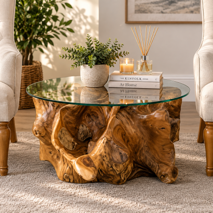70cm round teak root coffee table with clear glass top and natural sculptural wooden base