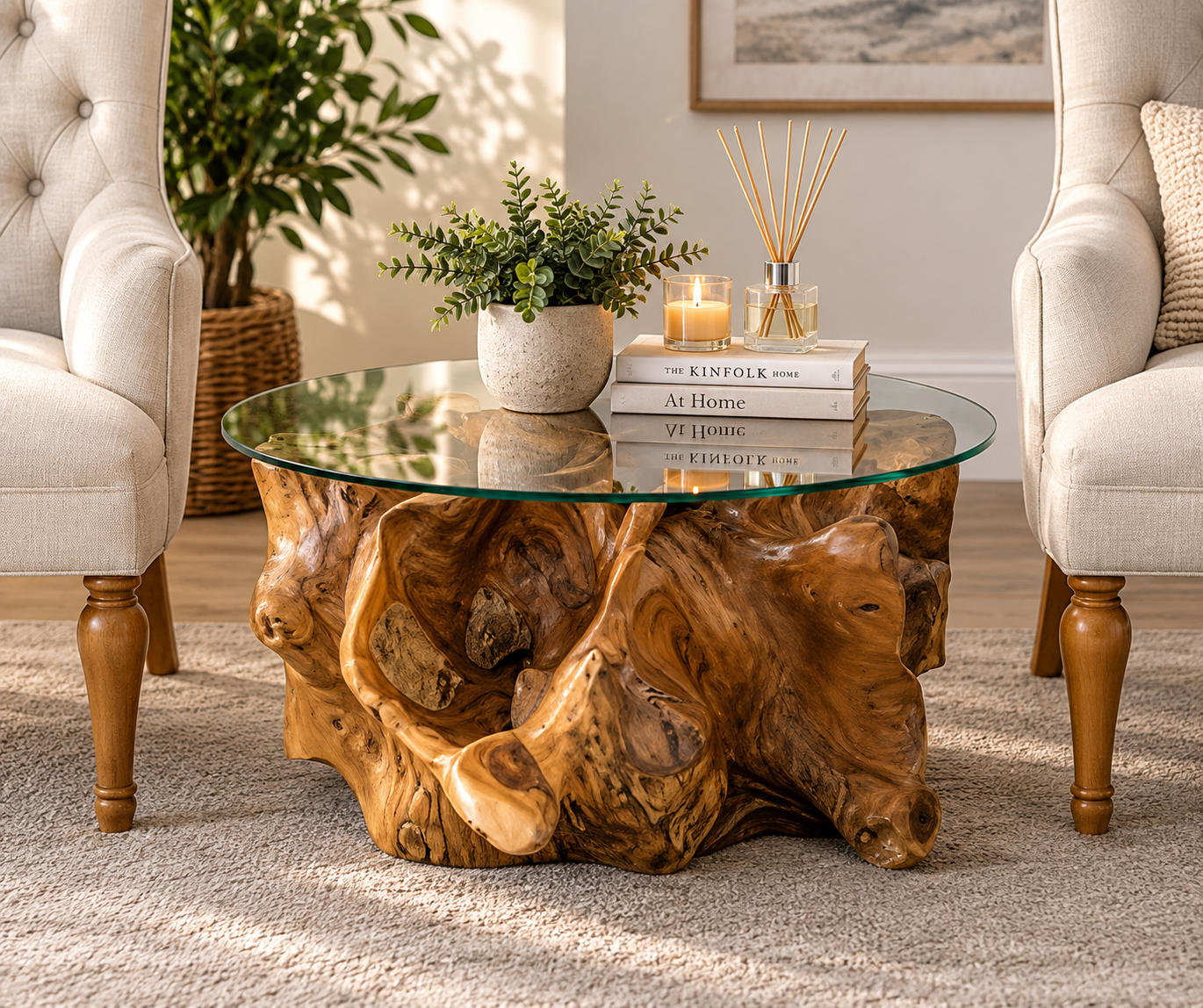 70cm round teak root coffee table with clear glass top and natural sculptural wooden base