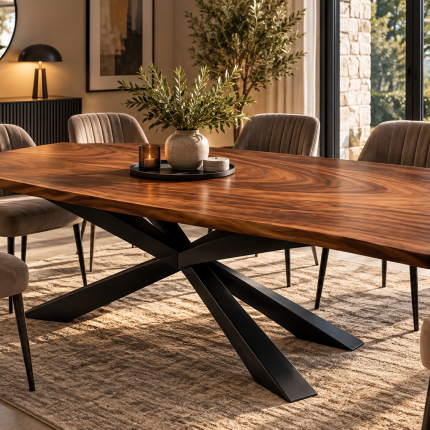 Large rectangular walnut effect dining table with black starburst metal pedestal base and upholstered dining chairs