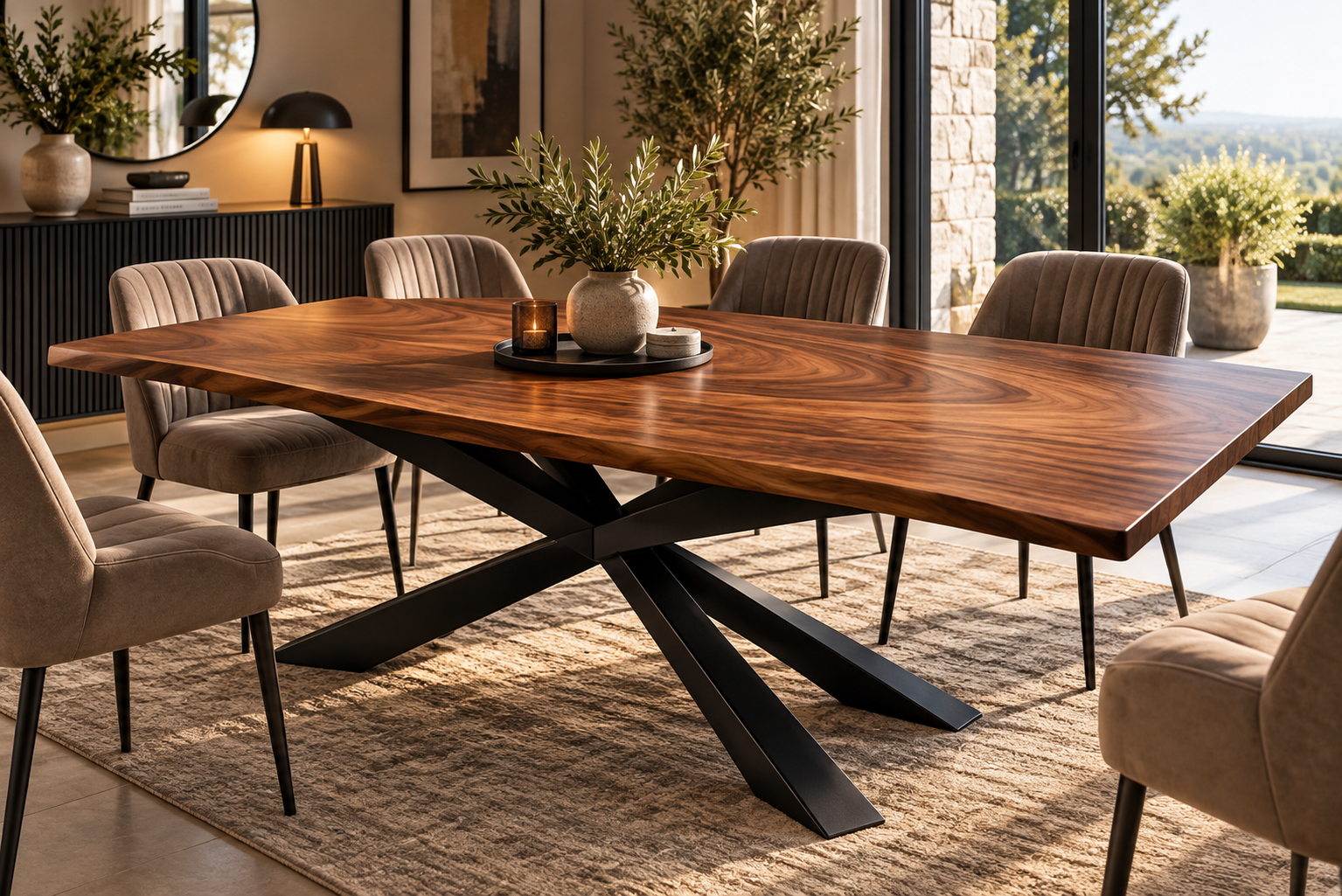 Large rectangular walnut effect dining table with black starburst metal pedestal base and upholstered dining chairs