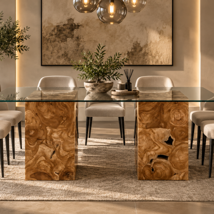 Rectangular teak root column dining table with clear glass top and two natural wood pedestal bases