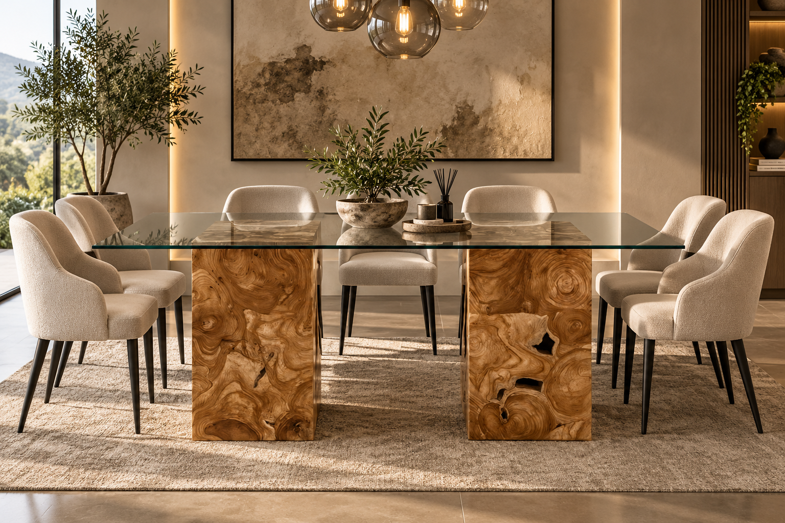 Rectangular teak root column dining table with clear glass top and two natural wood pedestal bases