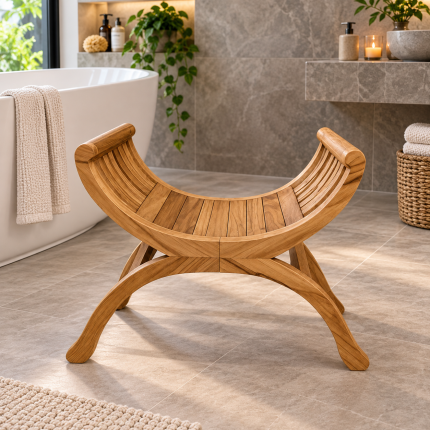 Solid teak curved bathroom stool with slatted seat and crossed wooden legs in a luxury spa bathroom