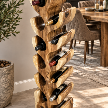 Tall freestanding sculptural wooden wine rack with curved holders displaying wine bottles
